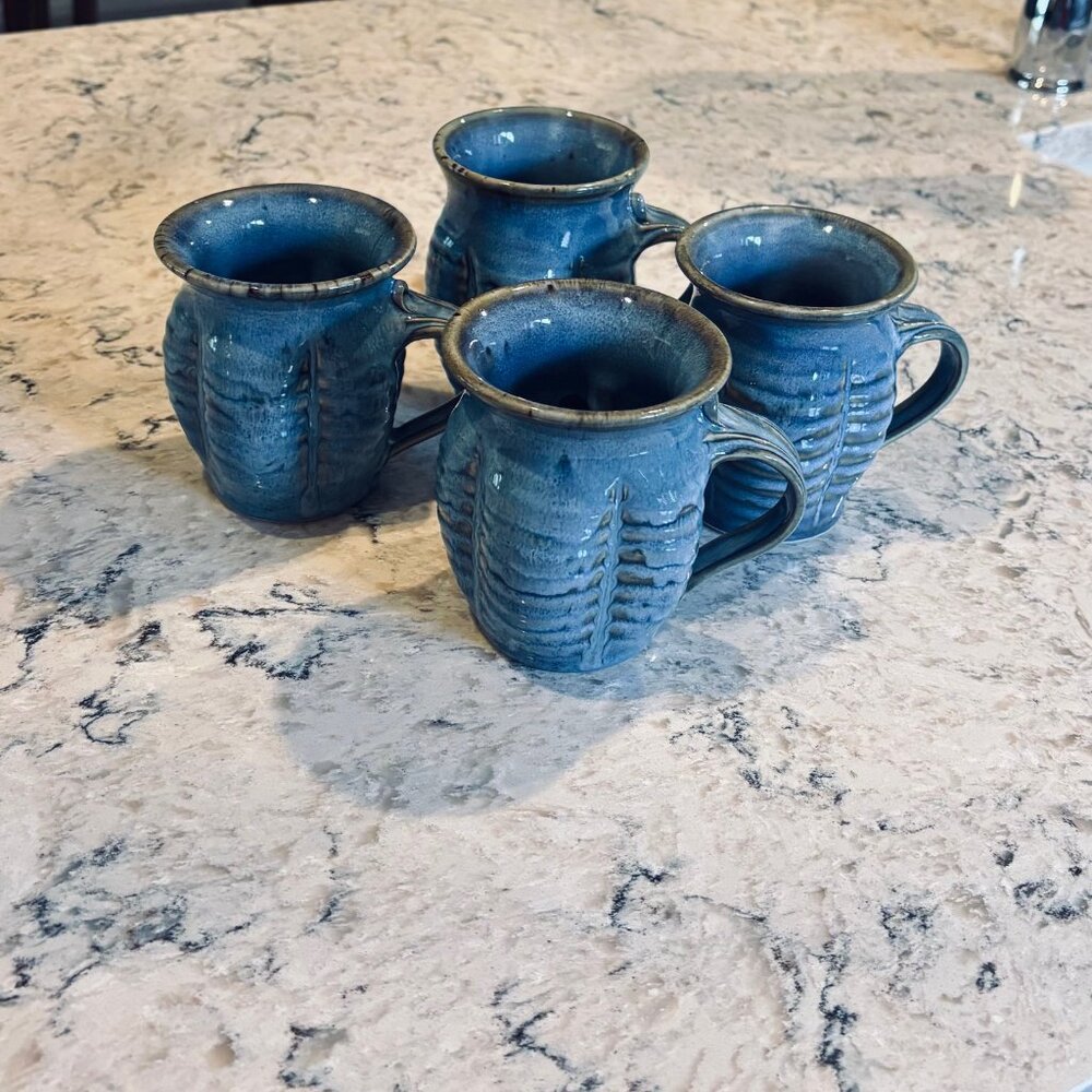 Pottery hand thrown mugs in blue - set of four